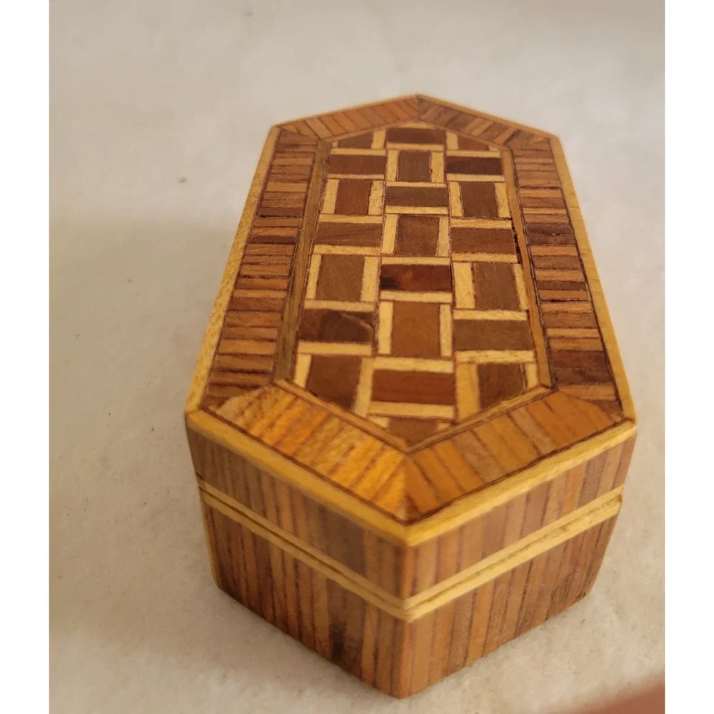 Vintage Octagon Wood Inlay Jewelry‎ Trinket Box Geometric Mosaic Pattern